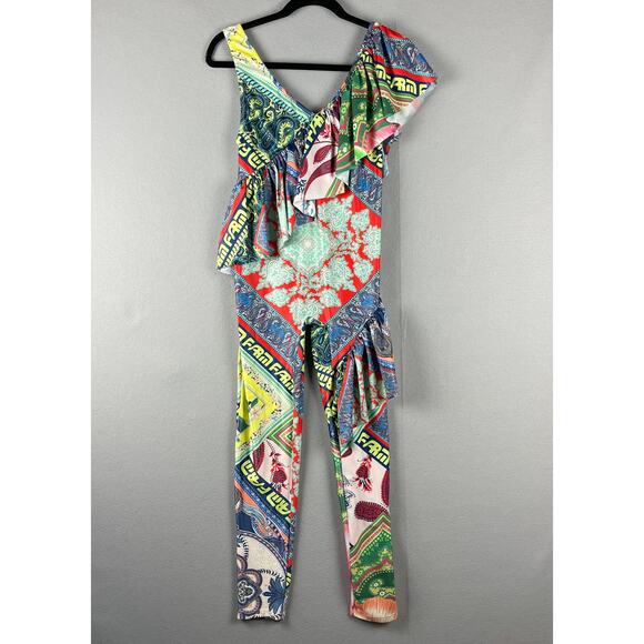 FARM Rio Pants - Farm Rio Ruffled Jumpsuit Womens Medium Paisley Floral Funky Artsy Colorful